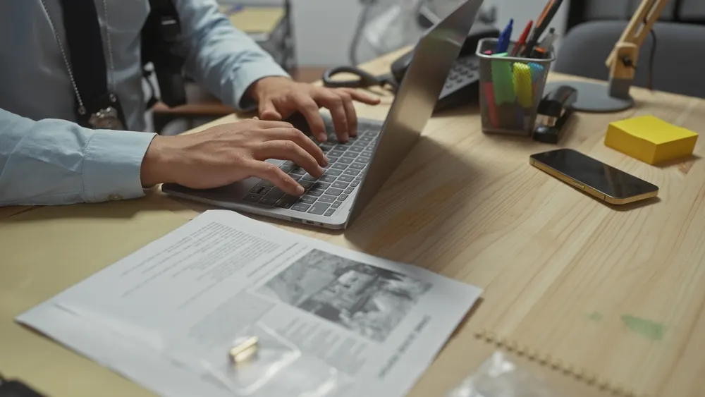 Attorney reviewing accident evidence documents while typing on a laptop