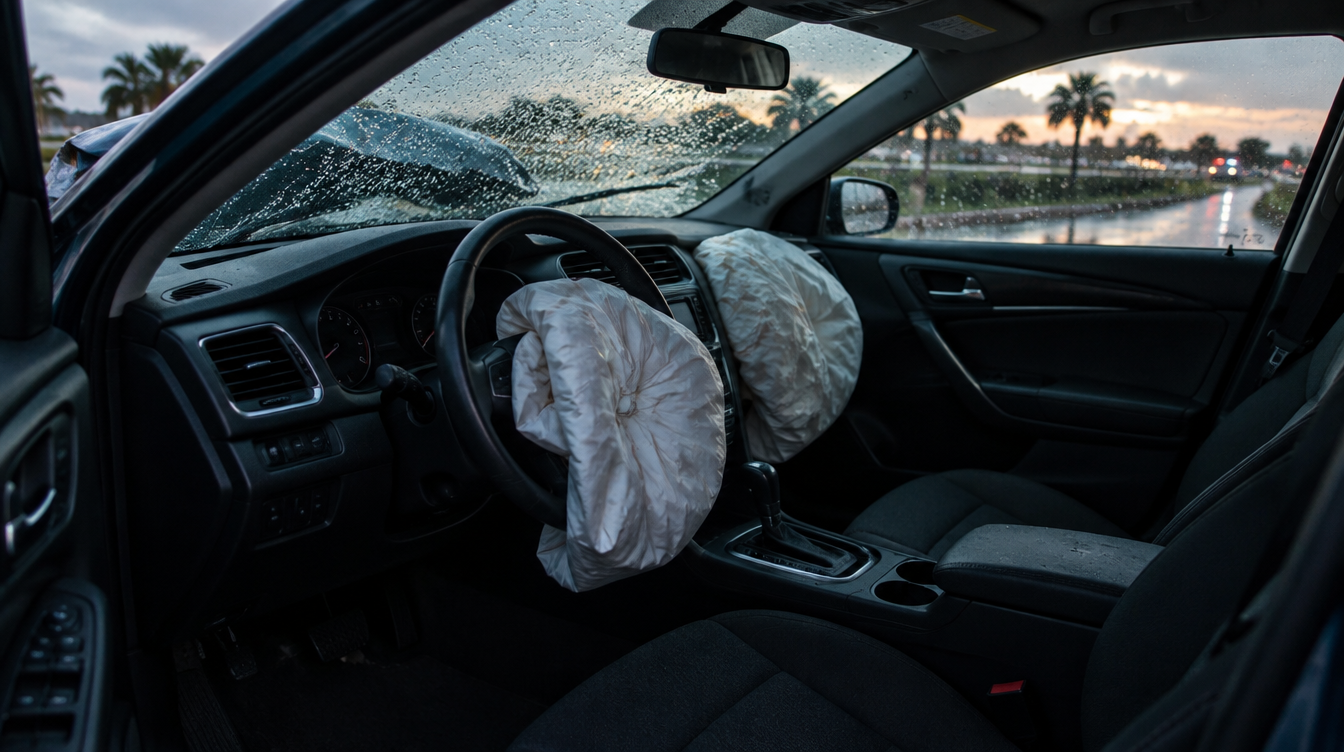 Empty Florida car interior after a crash, rain on the windshield