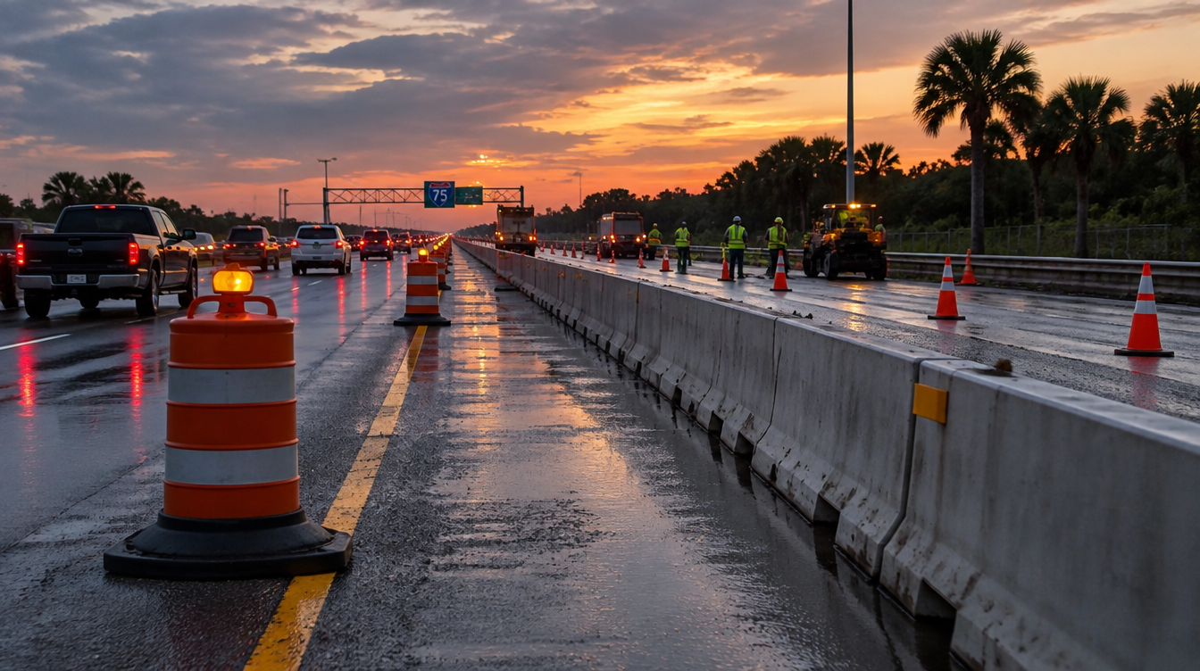 Night work zone on a Florida highway with orange barrels