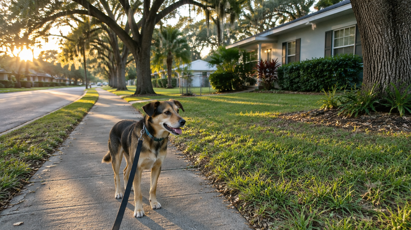 Leashed dog on a Sarasota residential sidewalk
